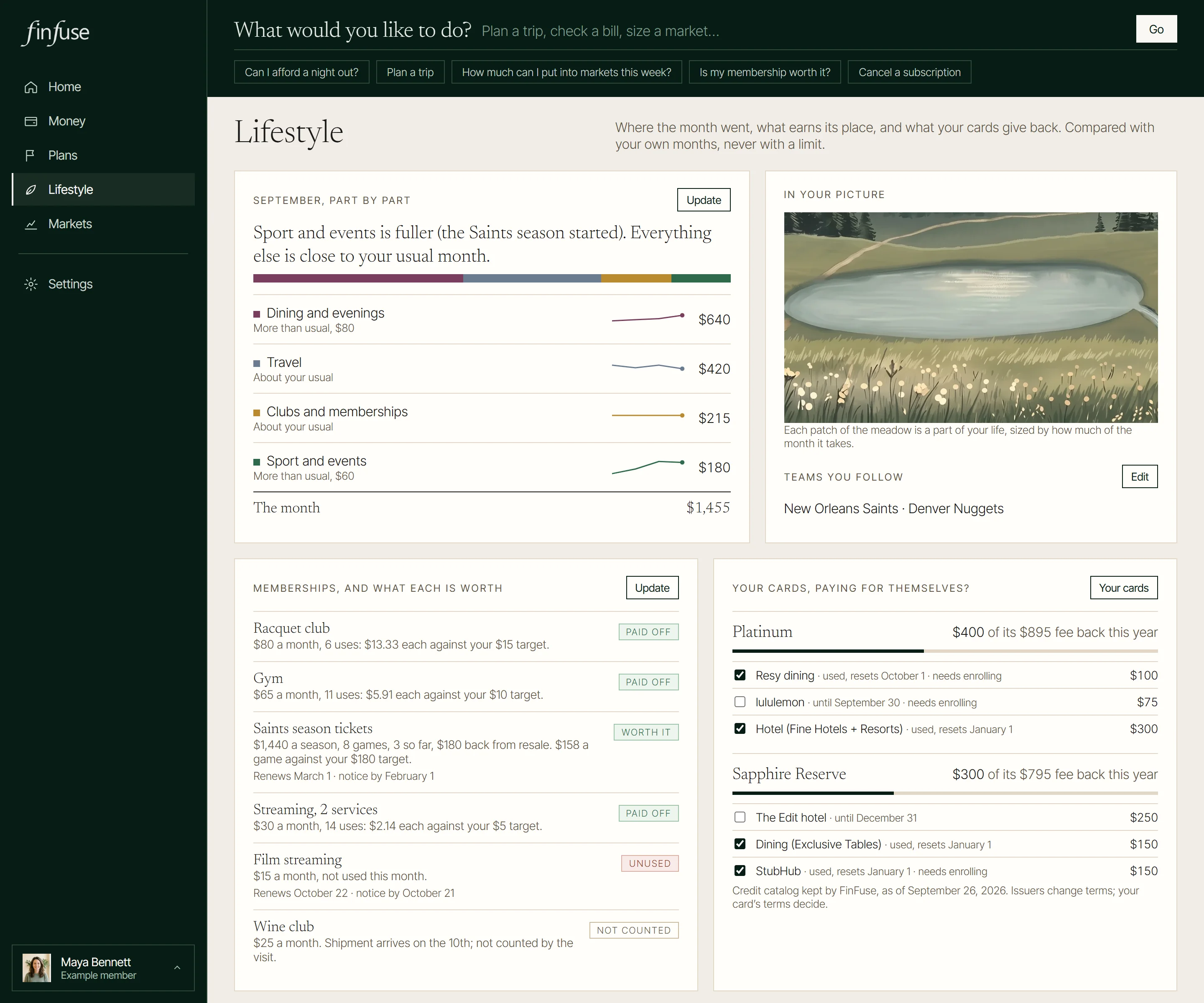Lifestyle in the FinFuse app, with an example member’s numbers