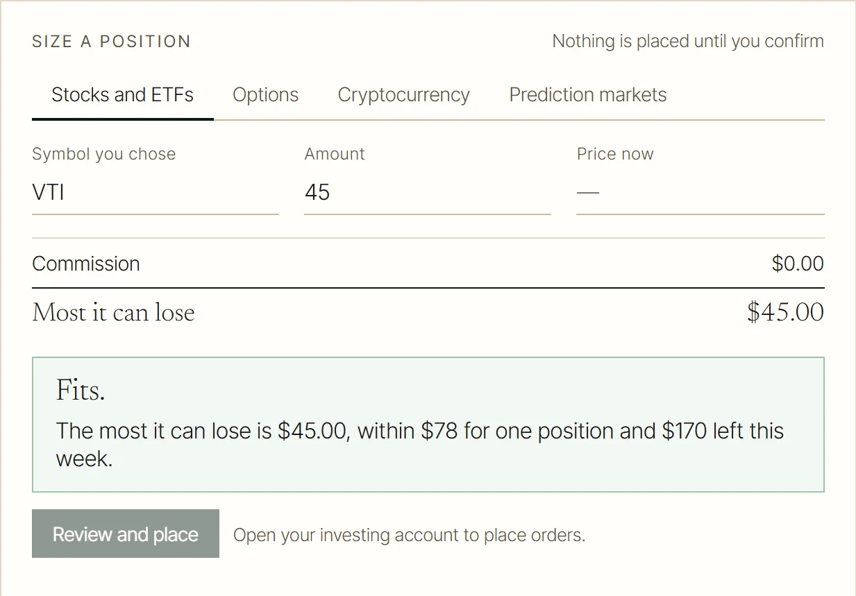 Size a position, in the FinFuse app