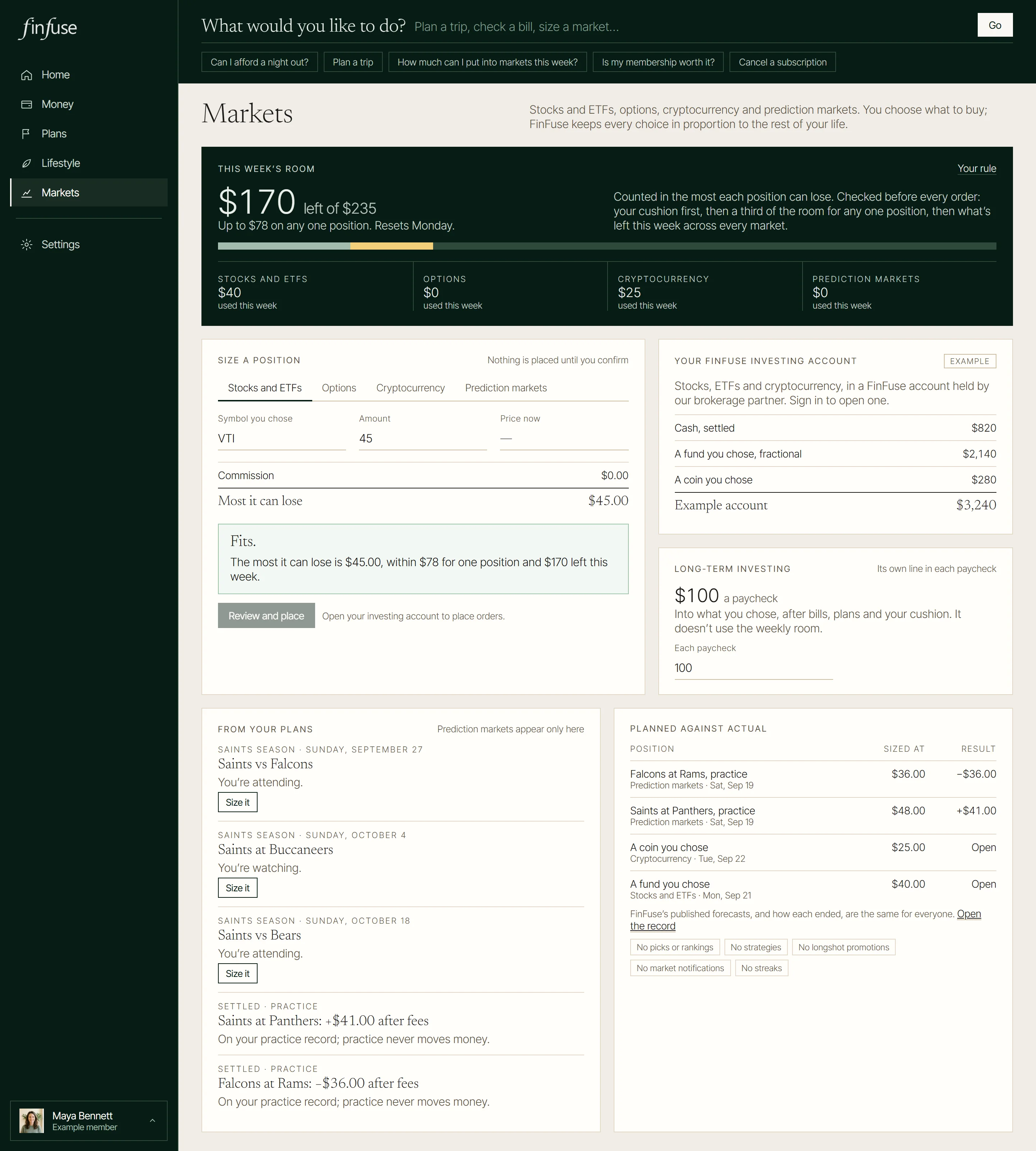 Markets in the FinFuse app, with an example member’s numbers
