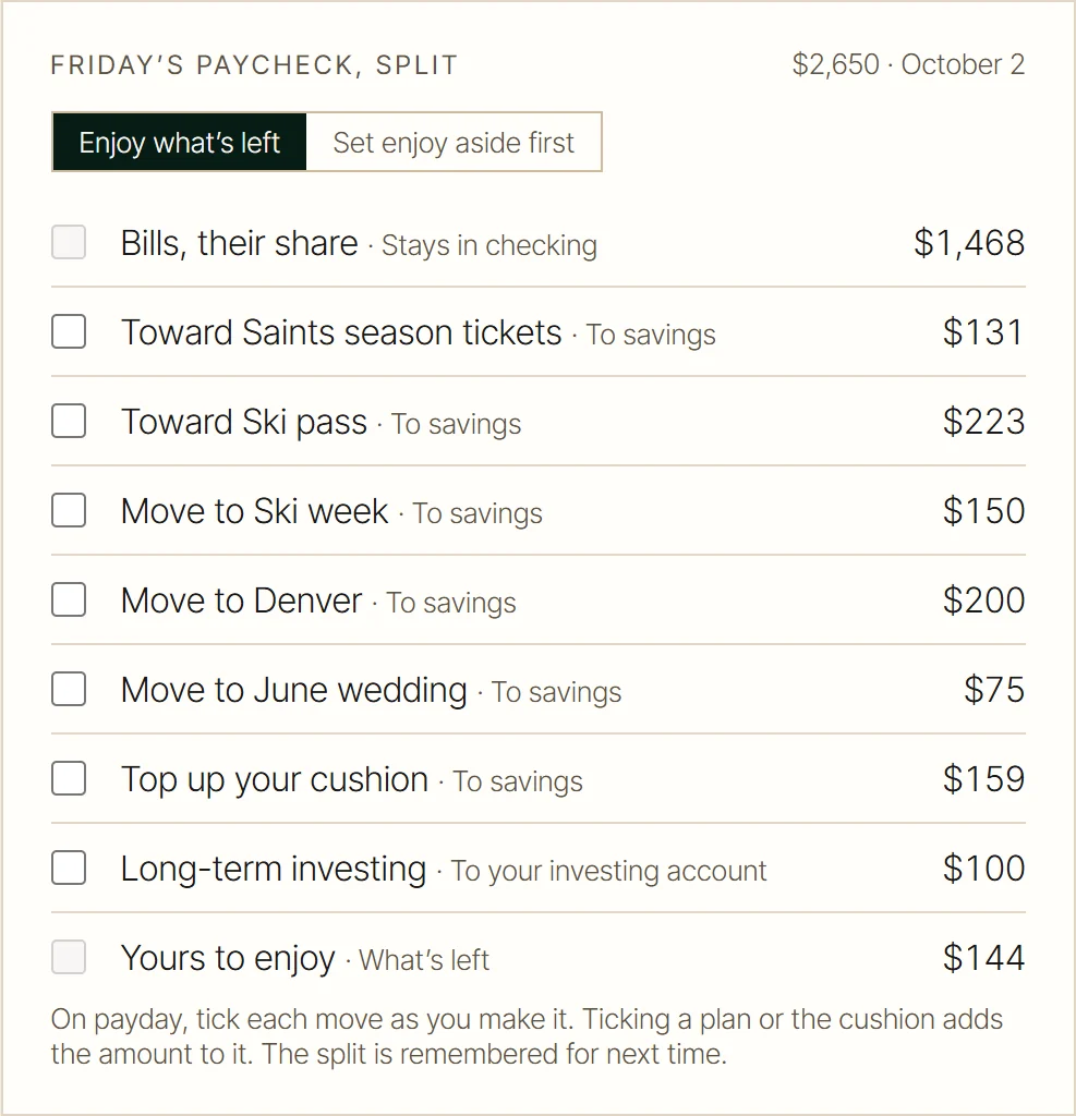 Paycheck, split, in the FinFuse app