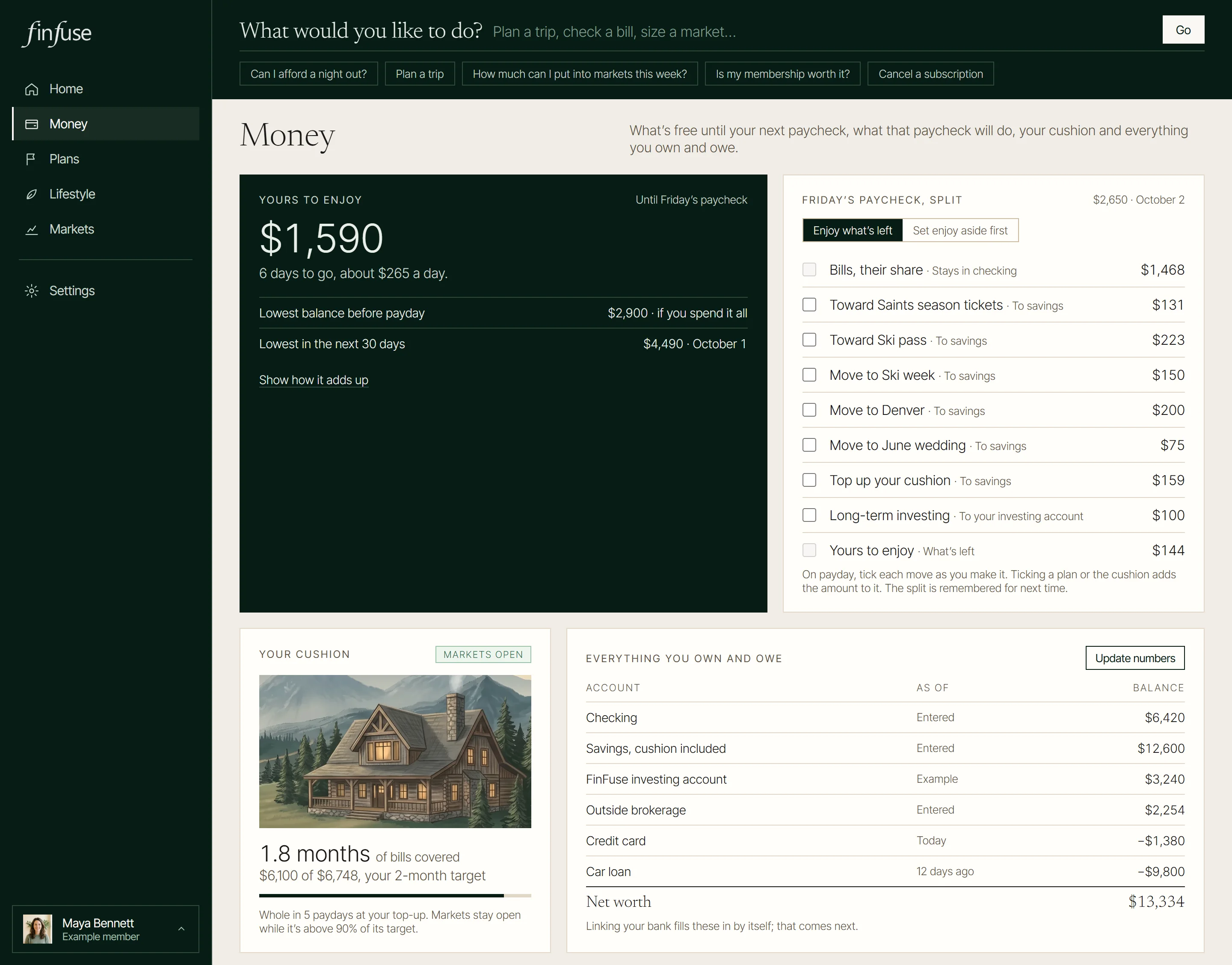 Money in the FinFuse app, with an example member’s numbers