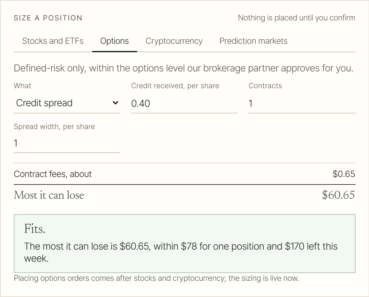 Size a position, in the FinFuse app