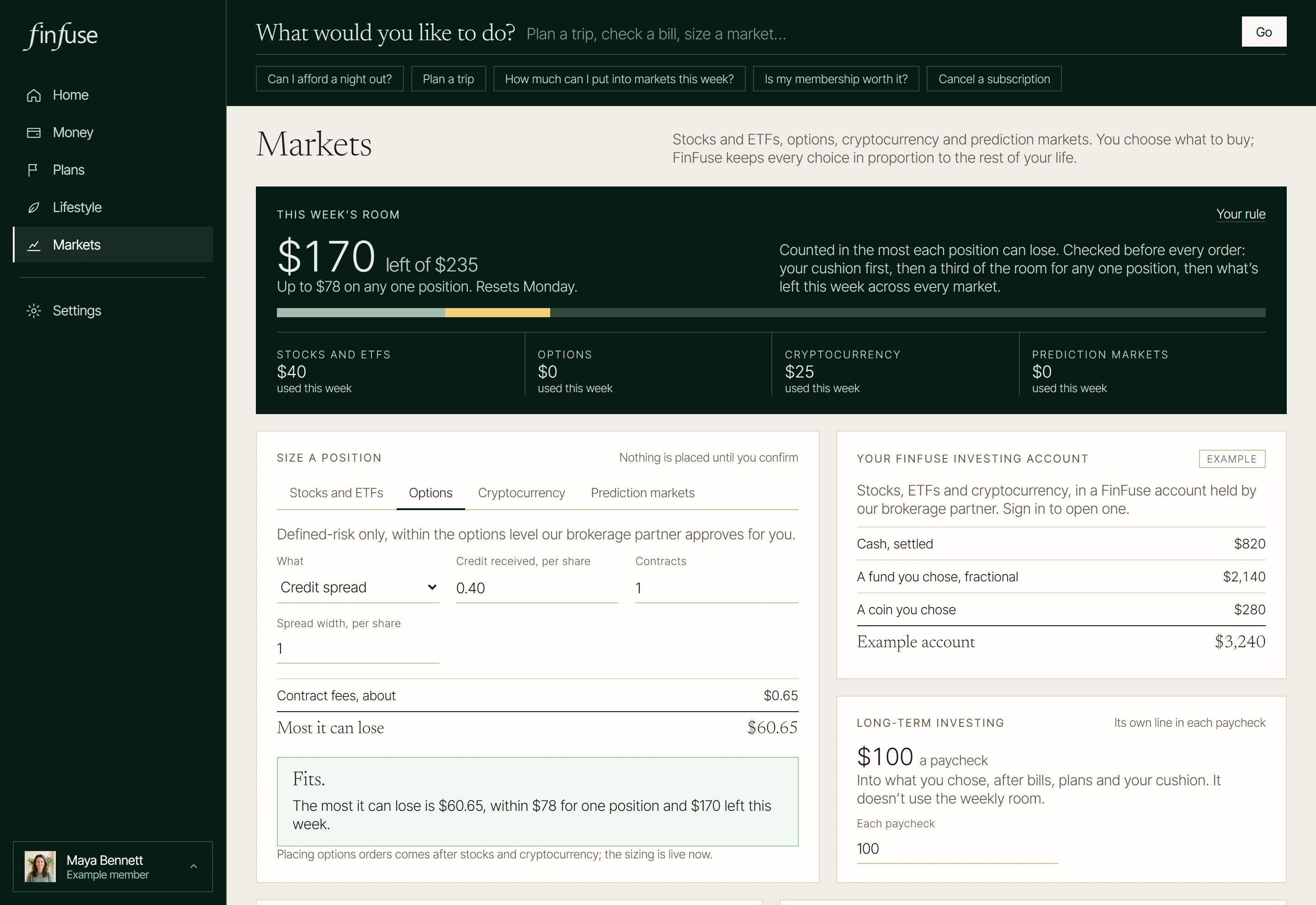 Options in the FinFuse app, with an example member’s numbers