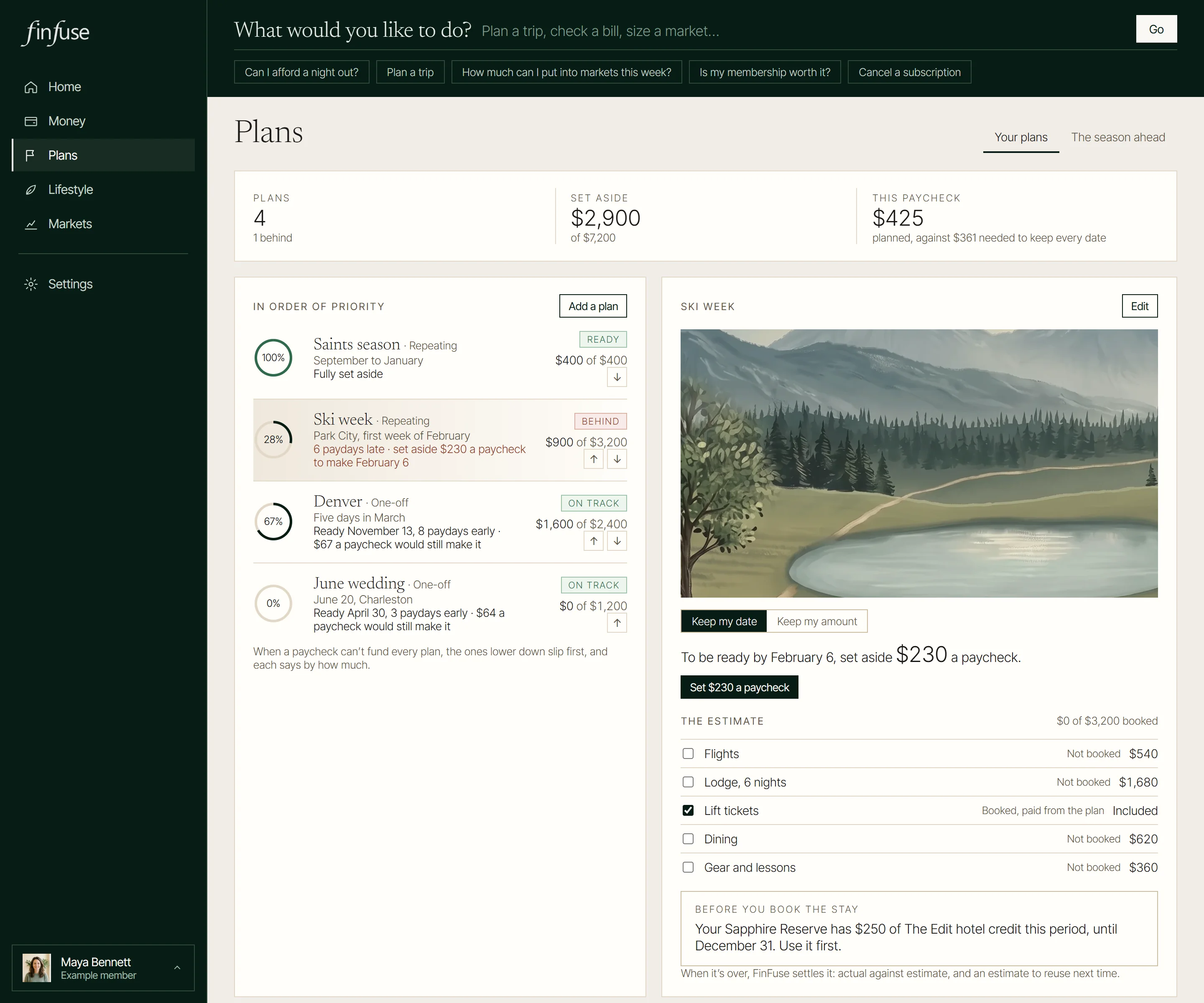Plans in the FinFuse app, with an example member’s numbers