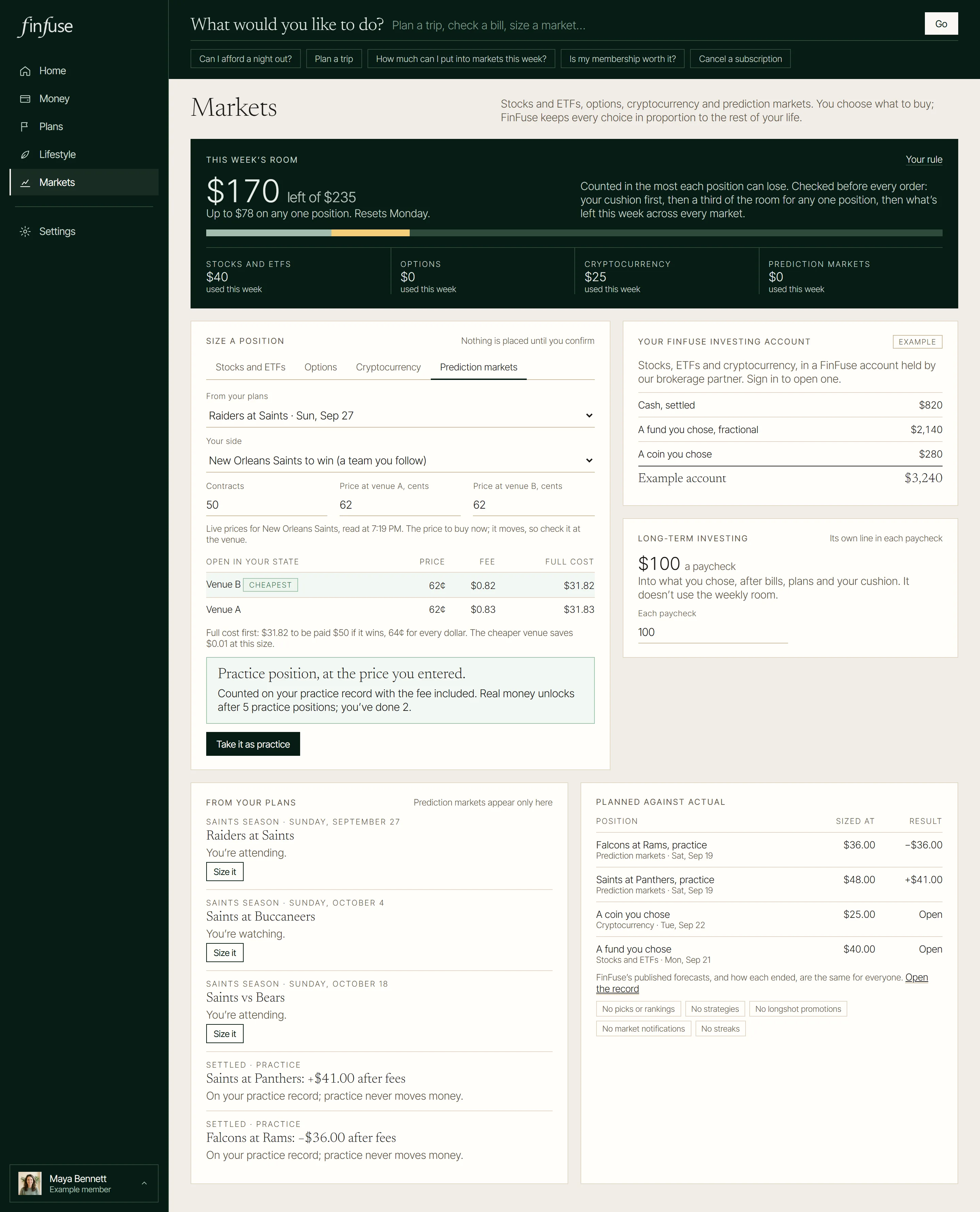 Prediction markets in the FinFuse app, with an example member’s numbers