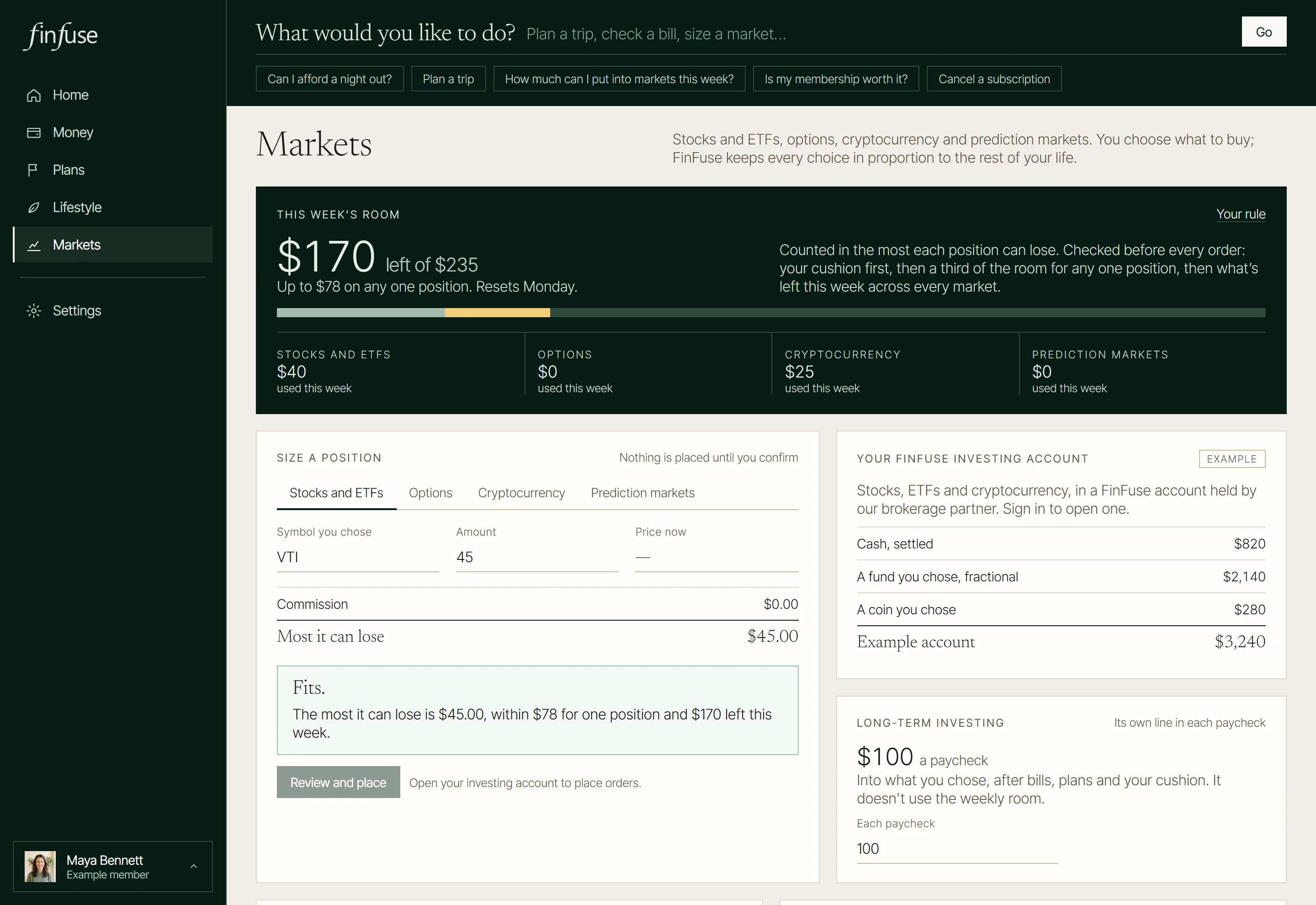 Stocks and ETFs in the FinFuse app, with an example member’s numbers